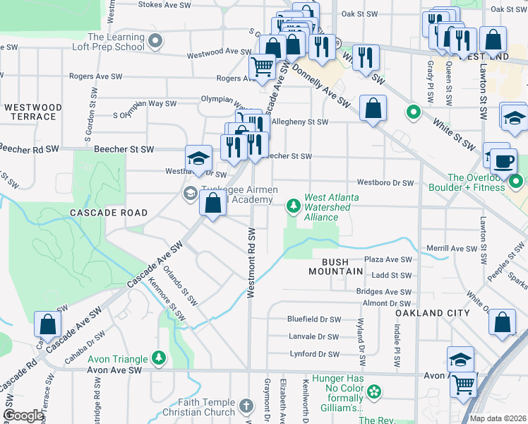 map of restaurants, bars, coffee shops, grocery stores, and more near 905 Gaston Street Southwest in Atlanta