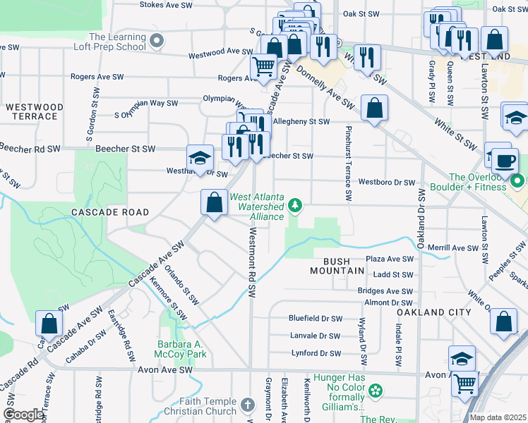 map of restaurants, bars, coffee shops, grocery stores, and more near 905 Gaston Street Southwest in Atlanta