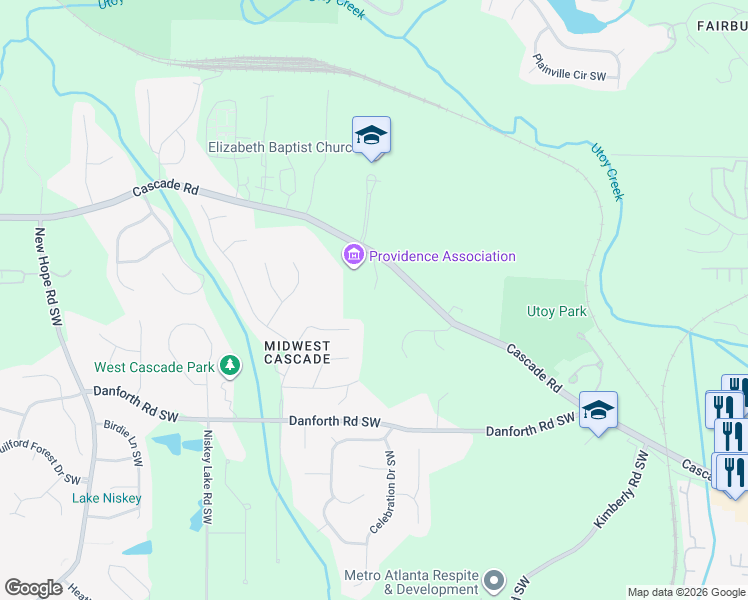 map of restaurants, bars, coffee shops, grocery stores, and more near 4242 Cascade Road in Atlanta