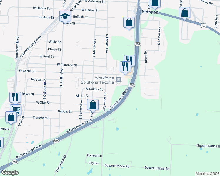 map of restaurants, bars, coffee shops, grocery stores, and more near 501 West Collins Street in Denison