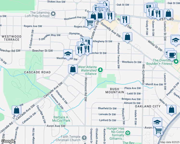 map of restaurants, bars, coffee shops, grocery stores, and more near 905 Gaston Street Southwest in Atlanta