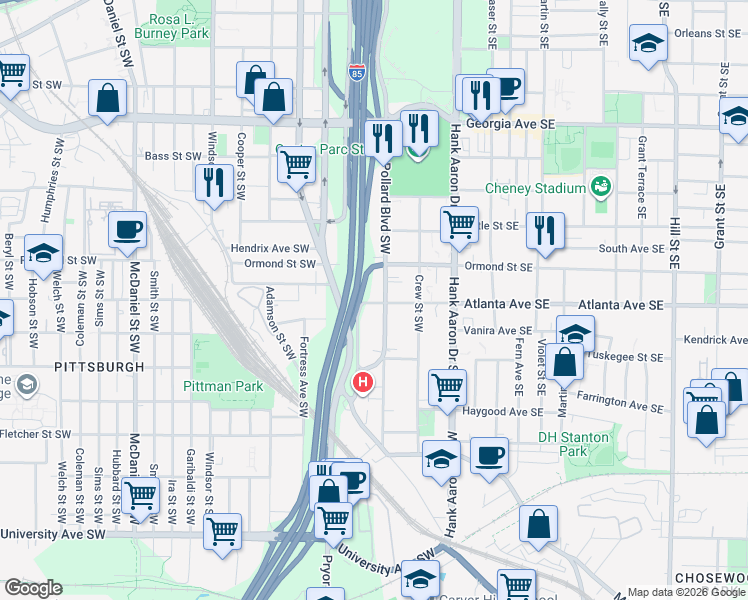 map of restaurants, bars, coffee shops, grocery stores, and more near 113 Atlanta Avenue Southwest in Atlanta