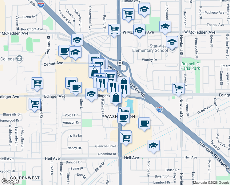map of restaurants, bars, coffee shops, grocery stores, and more near 7901 Edinger Avenue in Huntington Beach