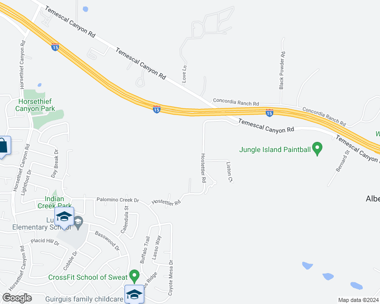 map of restaurants, bars, coffee shops, grocery stores, and more near 26741 Hostettler Road in Corona