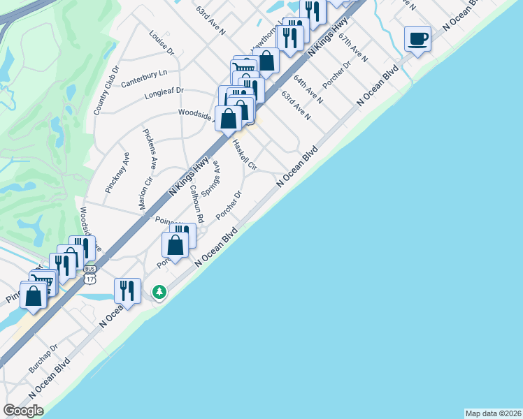 map of restaurants, bars, coffee shops, grocery stores, and more near 5709 North Ocean Boulevard in Myrtle Beach