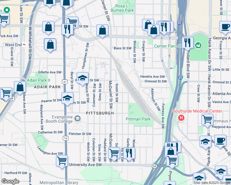 map of restaurants, bars, coffee shops, grocery stores, and more near Gardner Street Southwest in Atlanta