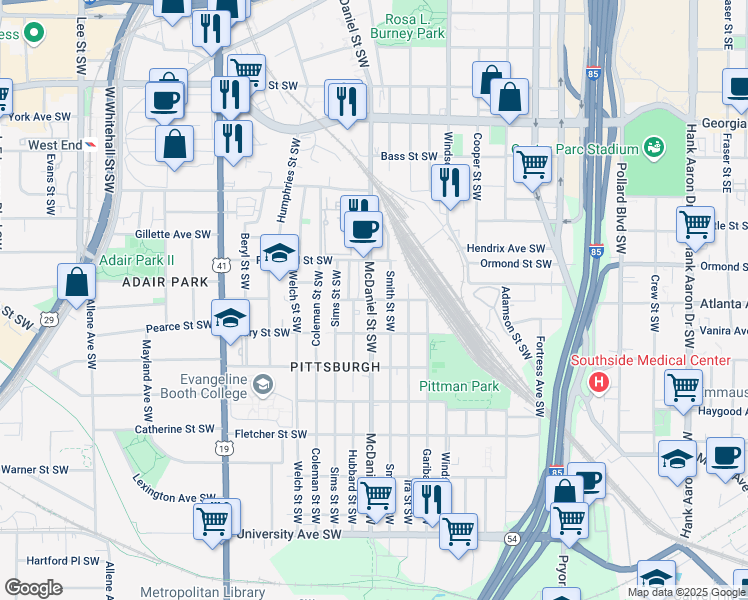 map of restaurants, bars, coffee shops, grocery stores, and more near Gardner Street Southwest in Atlanta