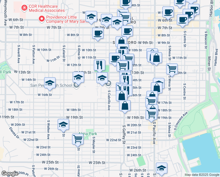 map of restaurants, bars, coffee shops, grocery stores, and more near 793 West 15th Street in Los Angeles