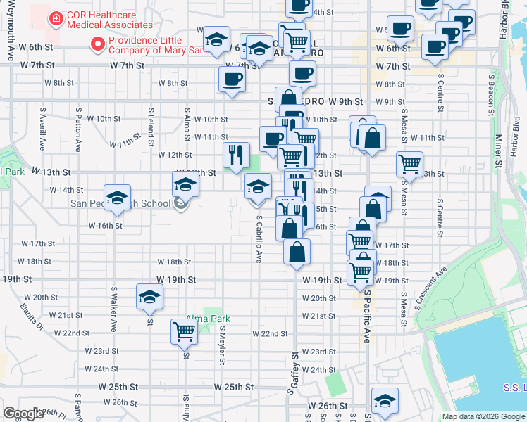 map of restaurants, bars, coffee shops, grocery stores, and more near 789 West 15th Street in Los Angeles
