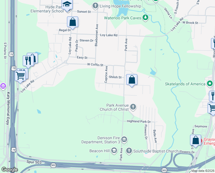 map of restaurants, bars, coffee shops, grocery stores, and more near 2602 Caprice Avenue in Denison