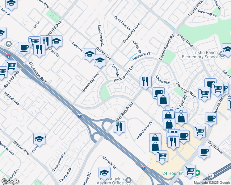 map of restaurants, bars, coffee shops, grocery stores, and more near 13602 Evergreen Way in Tustin