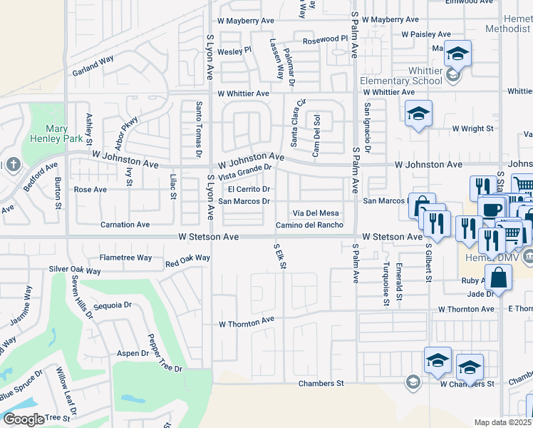 map of restaurants, bars, coffee shops, grocery stores, and more near 1042 South Elk Street in Hemet