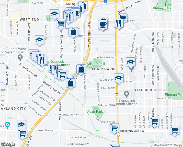map of restaurants, bars, coffee shops, grocery stores, and more near 755 Bonnie Brae Avenue Southwest in Atlanta