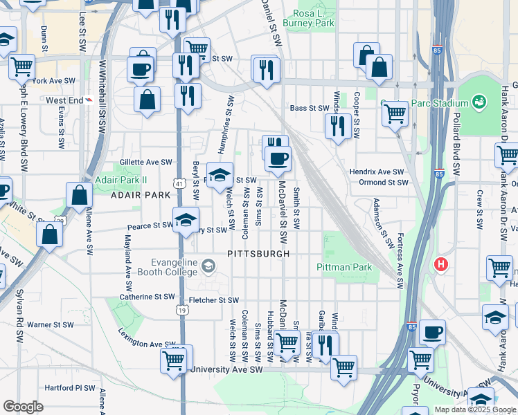 map of restaurants, bars, coffee shops, grocery stores, and more near 860 Gardner Street Southwest in Atlanta