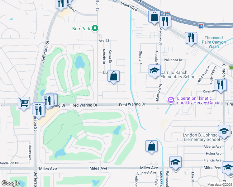 map of restaurants, bars, coffee shops, grocery stores, and more near 80613 Philadelphia Avenue in Indio