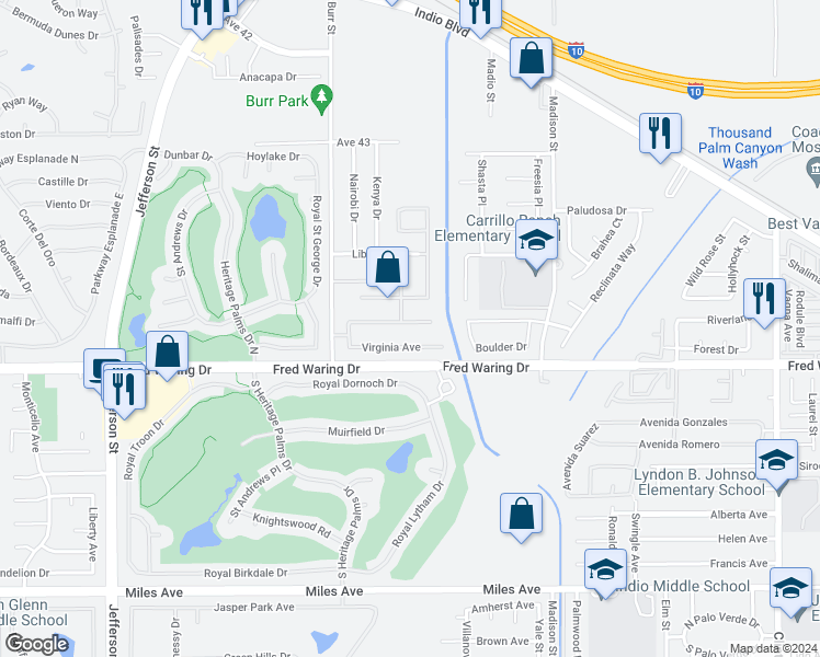 map of restaurants, bars, coffee shops, grocery stores, and more near 80641 Philadelphia Avenue in Indio