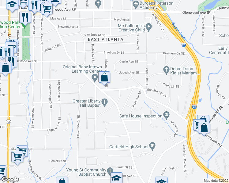 map of restaurants, bars, coffee shops, grocery stores, and more near 1625 Flat Shoals Road Southeast in Atlanta