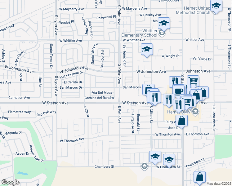map of restaurants, bars, coffee shops, grocery stores, and more near 1050 Tierra Linda Drive in Hemet