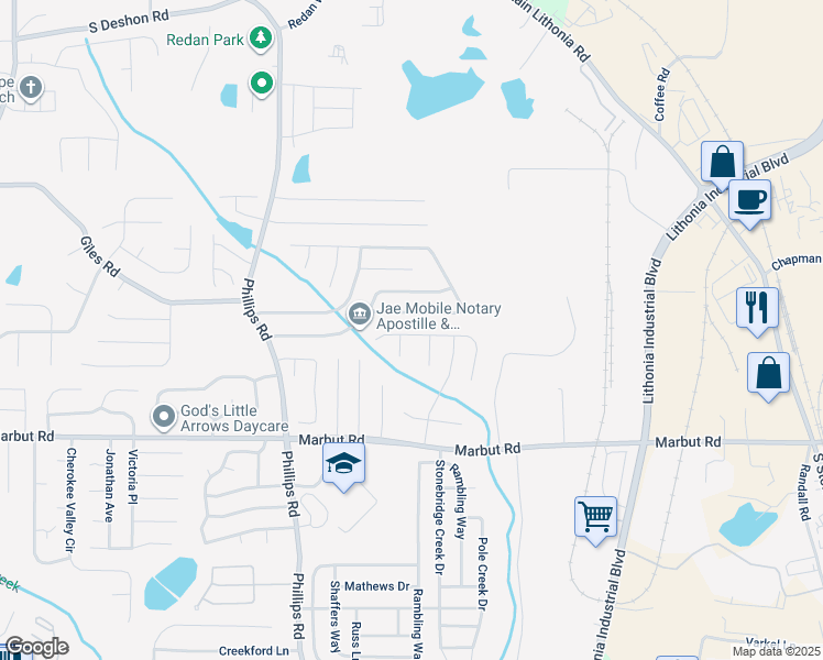 map of restaurants, bars, coffee shops, grocery stores, and more near 6410 Charter Way in Lithonia