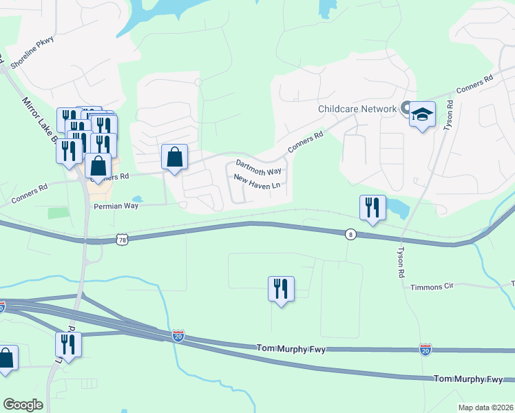 map of restaurants, bars, coffee shops, grocery stores, and more near 2078 Dartmoth Way in Villa Rica