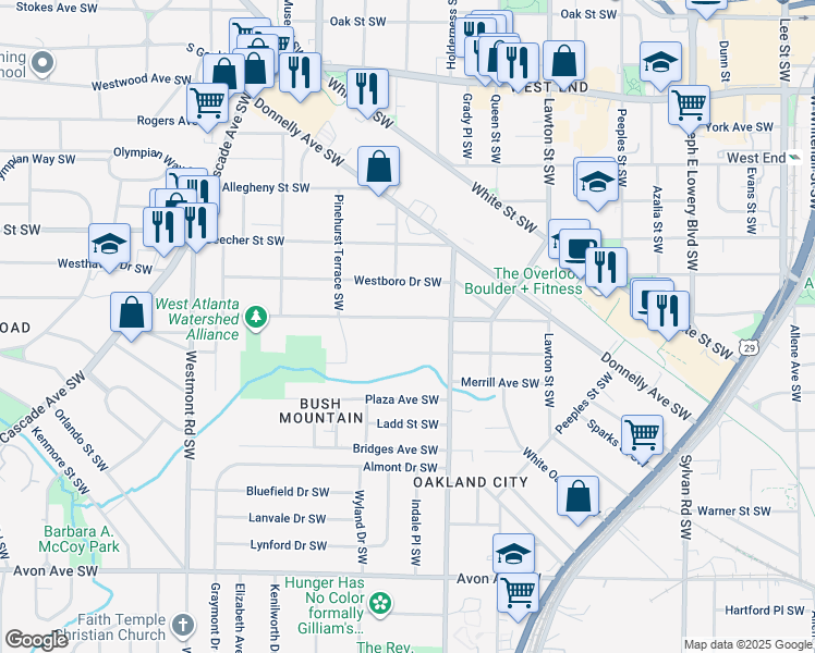 map of restaurants, bars, coffee shops, grocery stores, and more near 1270 Richland Road Southwest in Atlanta