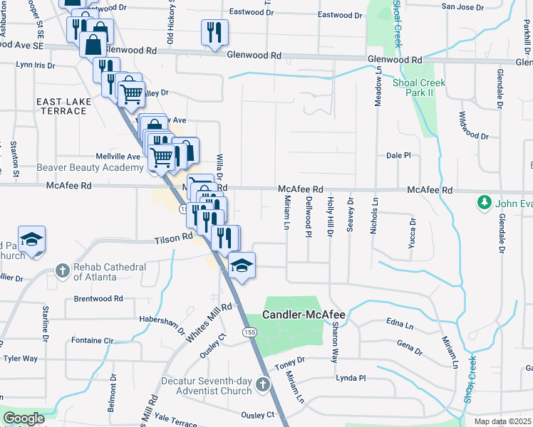 map of restaurants, bars, coffee shops, grocery stores, and more near 2052 Nettie Court in Decatur