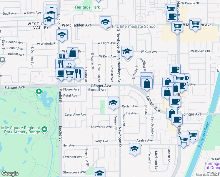 map of restaurants, bars, coffee shops, grocery stores, and more near 16030 Washburn Street in Fountain Valley