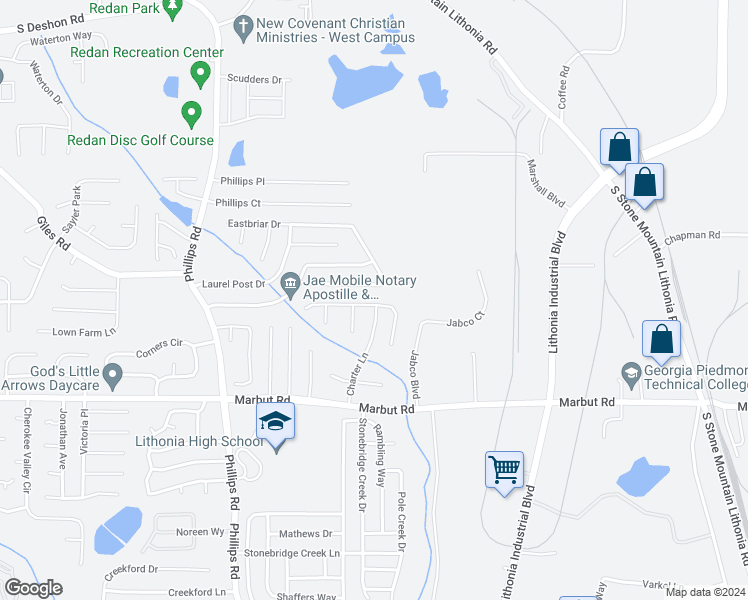 map of restaurants, bars, coffee shops, grocery stores, and more near 6458 Charter Way in Lithonia