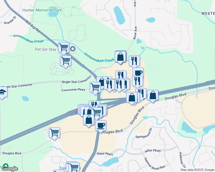 map of restaurants, bars, coffee shops, grocery stores, and more near 9280 Georgia 5 in Douglasville