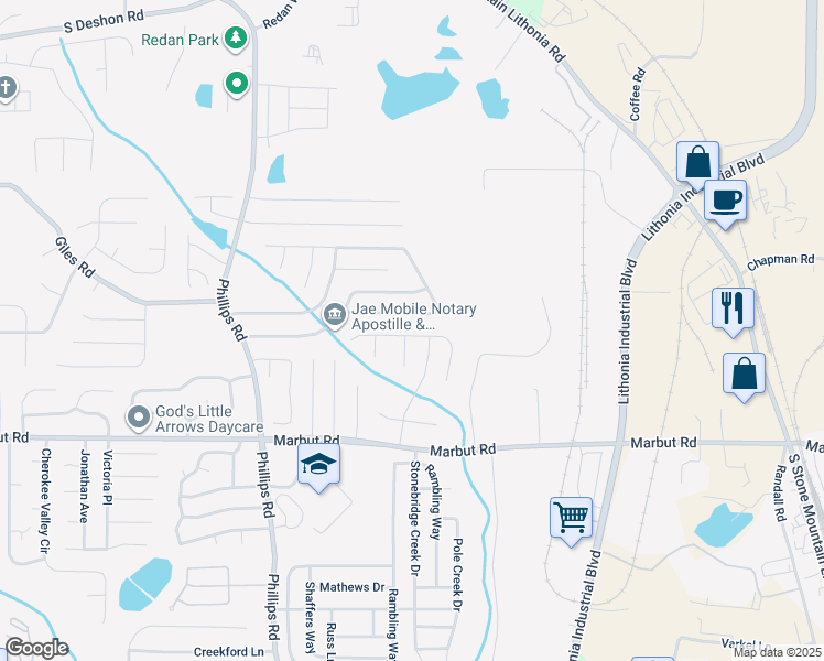 map of restaurants, bars, coffee shops, grocery stores, and more near 6446 Charter Way in Lithonia