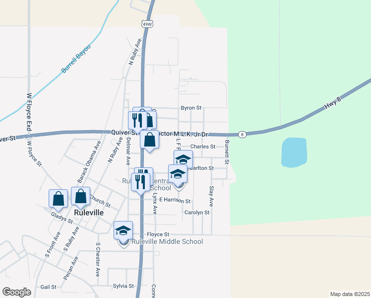 map of restaurants, bars, coffee shops, grocery stores, and more near 721 Charles Street in Ruleville