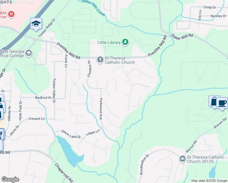 map of restaurants, bars, coffee shops, grocery stores, and more near 5643 Shamrock Lane in Douglasville