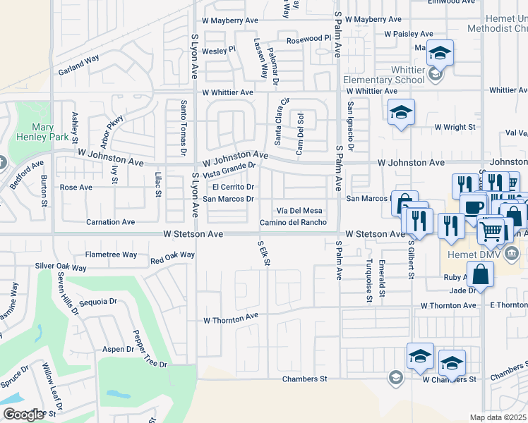 map of restaurants, bars, coffee shops, grocery stores, and more near 1042 South Elk Street in Hemet