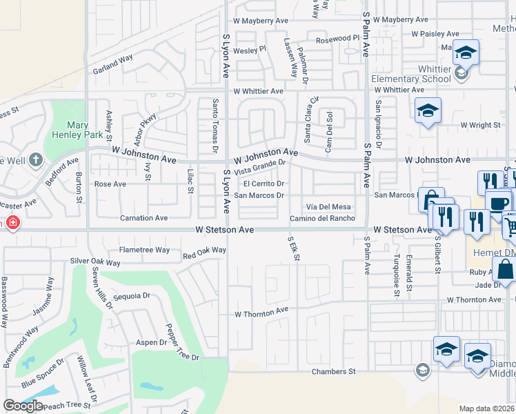 map of restaurants, bars, coffee shops, grocery stores, and more near 1655 Santa Susana Drive in Hemet