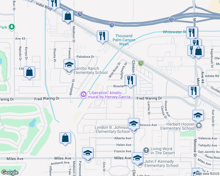 map of restaurants, bars, coffee shops, grocery stores, and more near 81315 Riverlane Drive in Indio