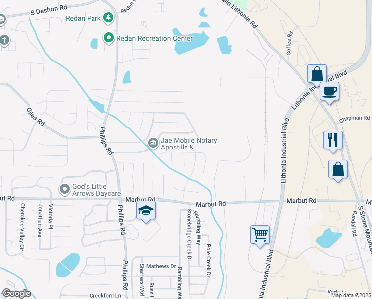 map of restaurants, bars, coffee shops, grocery stores, and more near 6442 Charter Way in Lithonia
