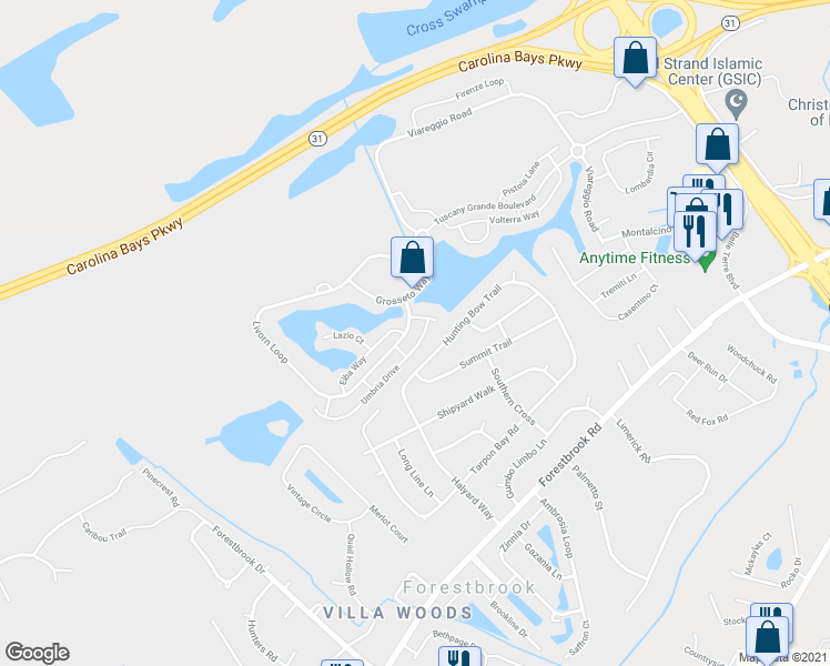map of restaurants, bars, coffee shops, grocery stores, and more near 4656 Livorn Loop in Myrtle Beach