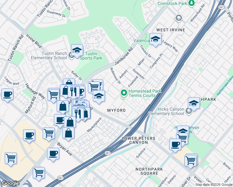 map of restaurants, bars, coffee shops, grocery stores, and more near 4 Asbury in Irvine