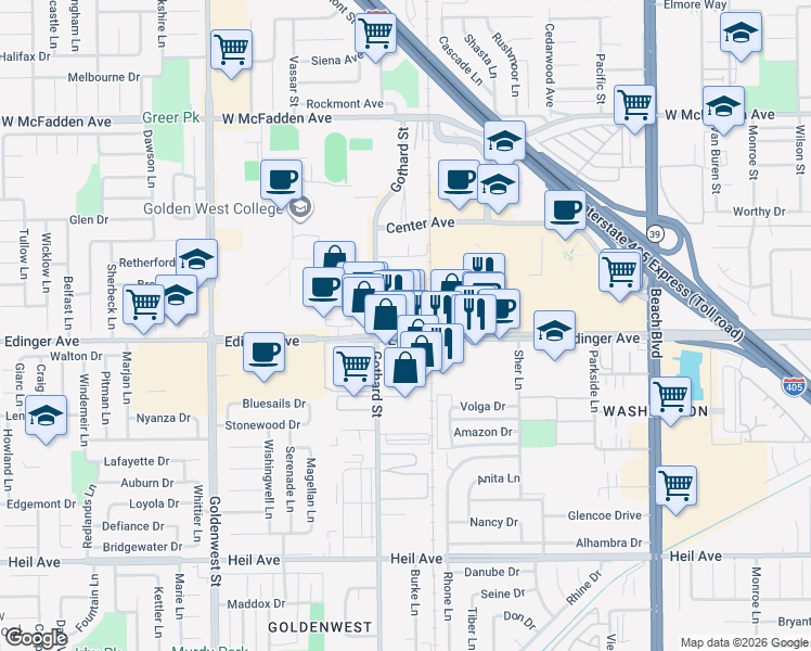 map of restaurants, bars, coffee shops, grocery stores, and more near 7451 Edinger Avenue in Huntington Beach