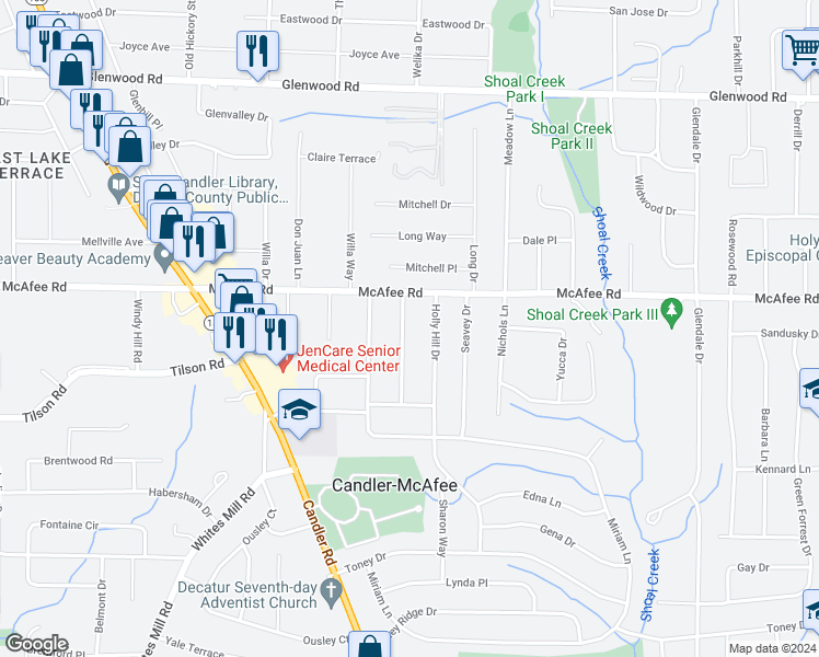 map of restaurants, bars, coffee shops, grocery stores, and more near 2046 Dellwood Place in Decatur