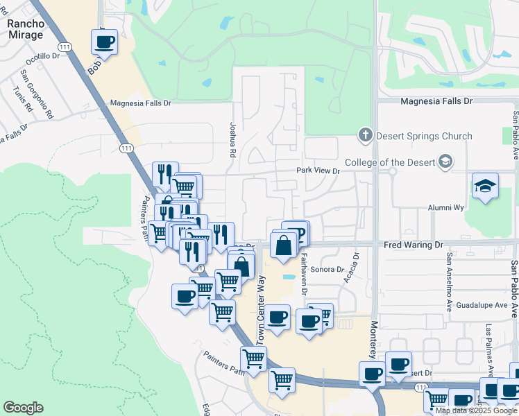 map of restaurants, bars, coffee shops, grocery stores, and more near 72-600 Fred Waring Drive in Palm Desert