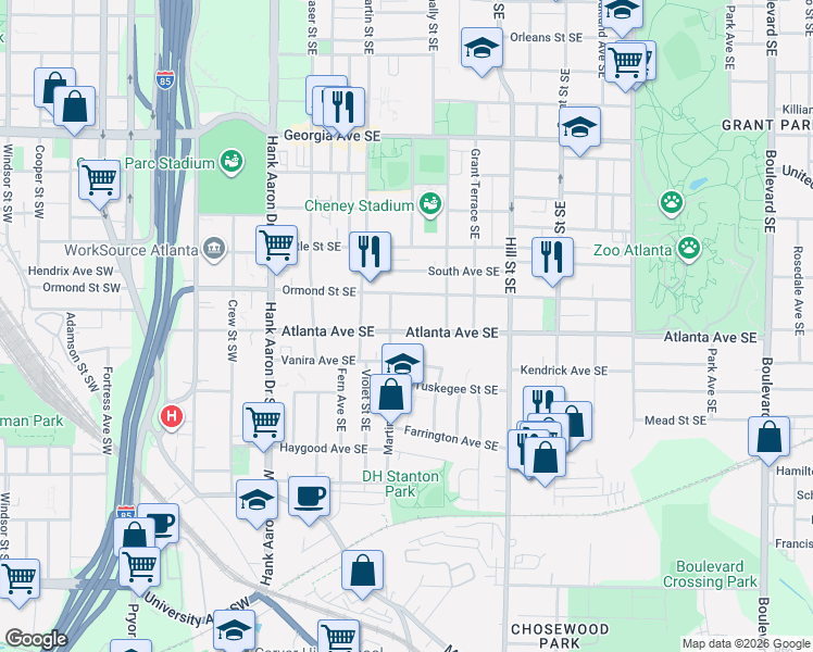 map of restaurants, bars, coffee shops, grocery stores, and more near 164 Atlanta Avenue Southeast in Atlanta