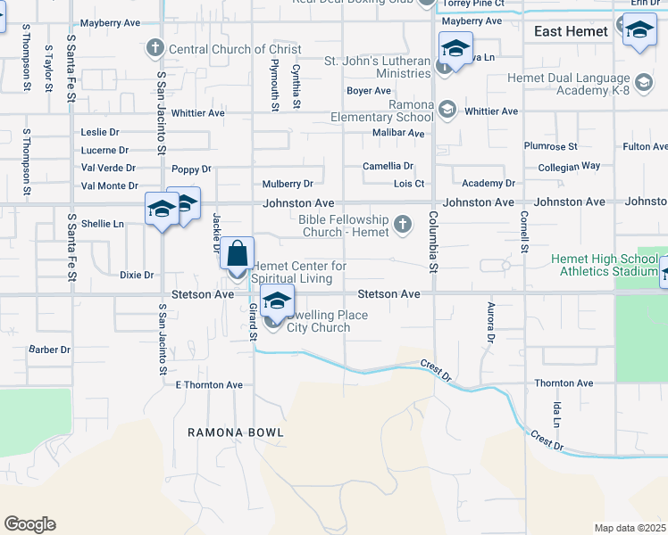 map of restaurants, bars, coffee shops, grocery stores, and more near 26935 Yale Street in Hemet