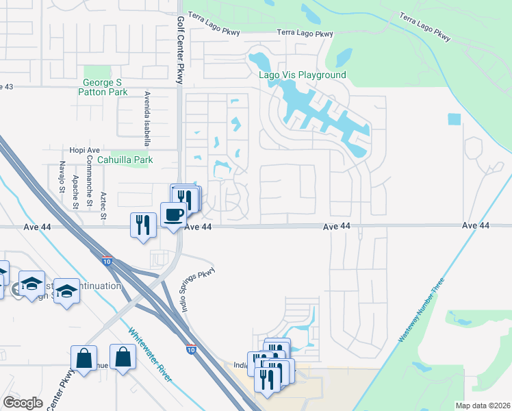map of restaurants, bars, coffee shops, grocery stores, and more near 43847 Aquila Street in Indio