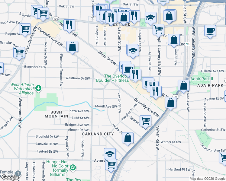 map of restaurants, bars, coffee shops, grocery stores, and more near 1118 Richland Road Southwest in Atlanta