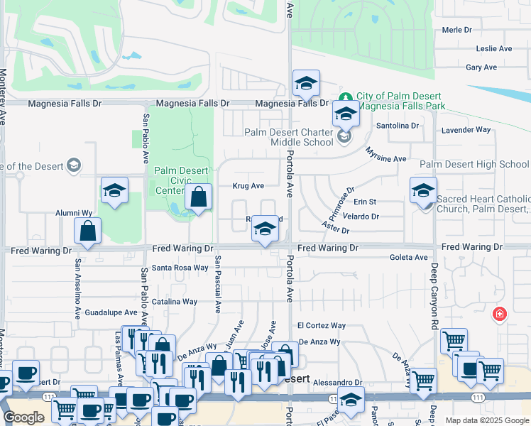 map of restaurants, bars, coffee shops, grocery stores, and more near 43750 Carmel Circle in Palm Desert