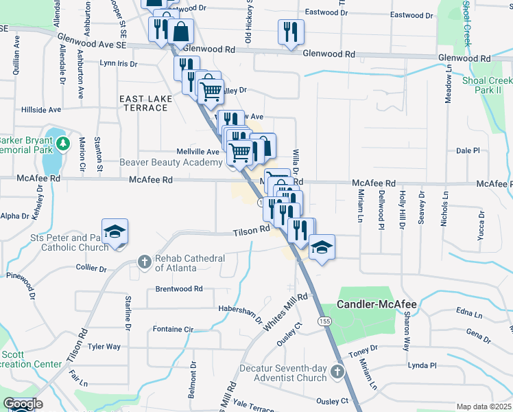 map of restaurants, bars, coffee shops, grocery stores, and more near 2059 Candler Road in Decatur