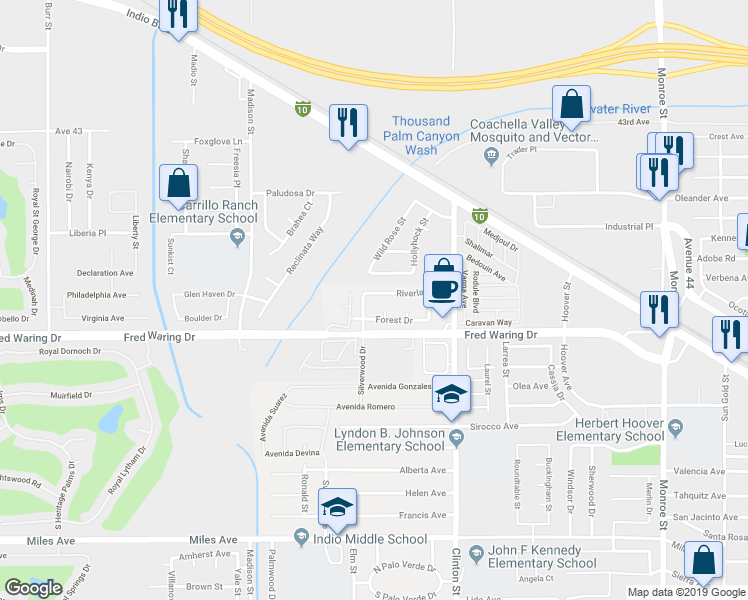 map of restaurants, bars, coffee shops, grocery stores, and more near 81315 Riverlane Drive in Indio