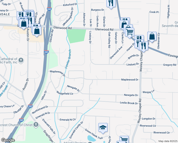 map of restaurants, bars, coffee shops, grocery stores, and more near 2017 Lindsey Lane in Decatur