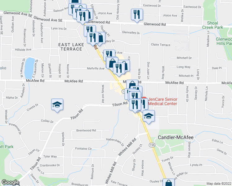 map of restaurants, bars, coffee shops, grocery stores, and more near 2051 Candler Road in Decatur
